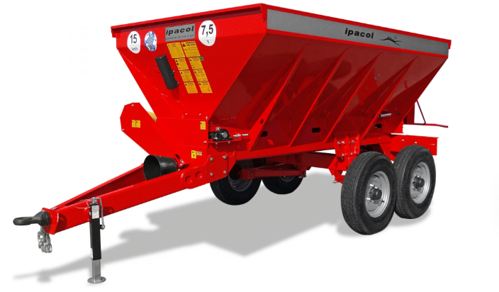 Distribuidor de adubos, calcário e compostos orgânicos Ipacol DSE com esteira transportadora e rodado duplo tandem