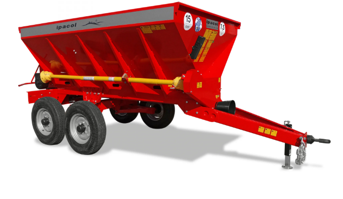 Distribuidor de adubos, calcário e adubos orgânicos Ipacol DSE com esteira transportadora e rodado duplo tandem.