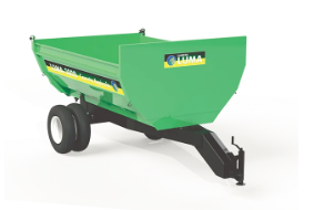 Carreta agrícola basculante Luma com caçamba reforçada e porta articulada para transporte e descarga de materiais.