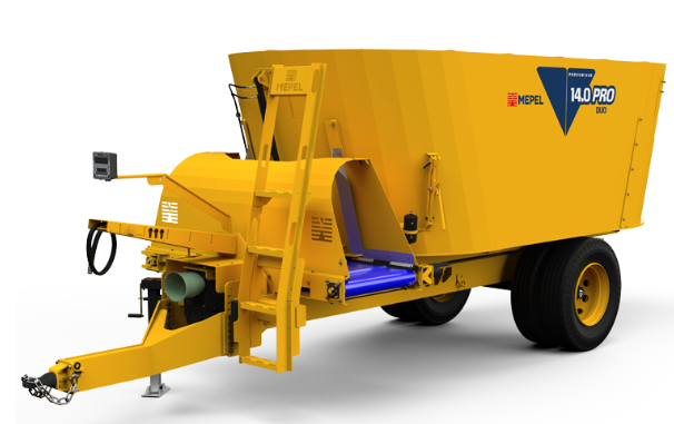 Vagão misturador tratador Mepel Produmixer PRO Duo com dois misturadores de aço inox para pecuária.