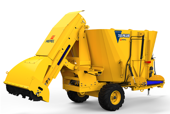 Vagão desensilador autocarregável Mepel Produmixer Plus de mistura vertical para alimentação de rebanho