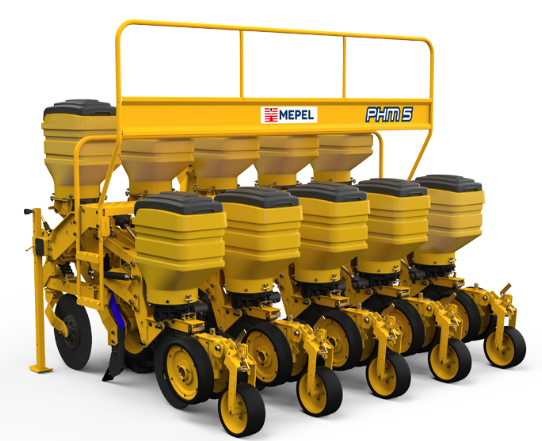 Plantadeira Hidráulica PHM Mepel amarela para plantio direto com 3, 5 e 7 linhas.