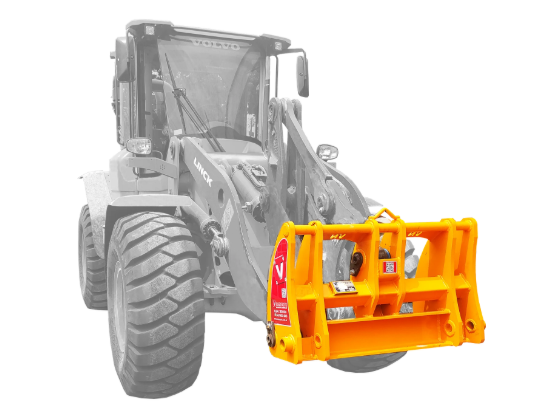 Engate rápido mecânico para pá carregadeira Visanorte modelo VNE-P5 na cor amarela.